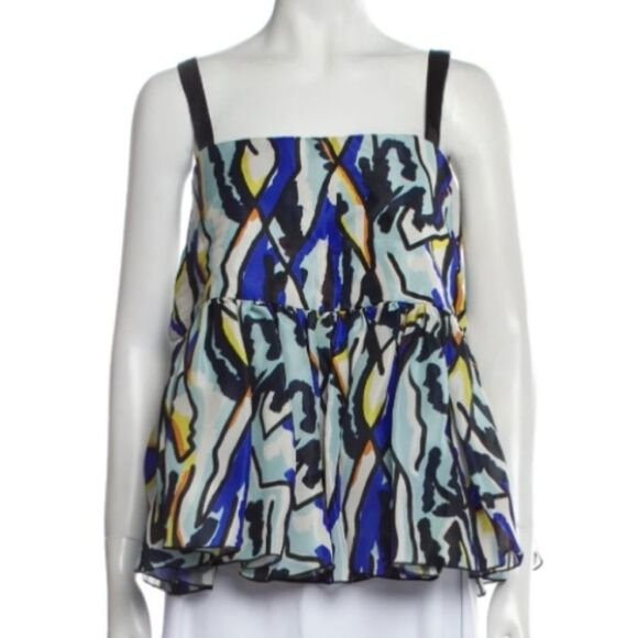 Ellery silk printed ruffle embellishment sleeveless blouse with square neck - Picture 8 of 13